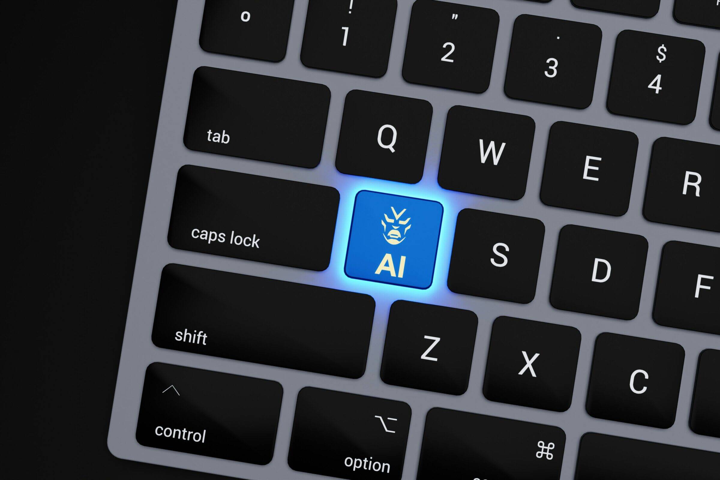 a-close-up-of-a-keyboard-with-a-blue-button