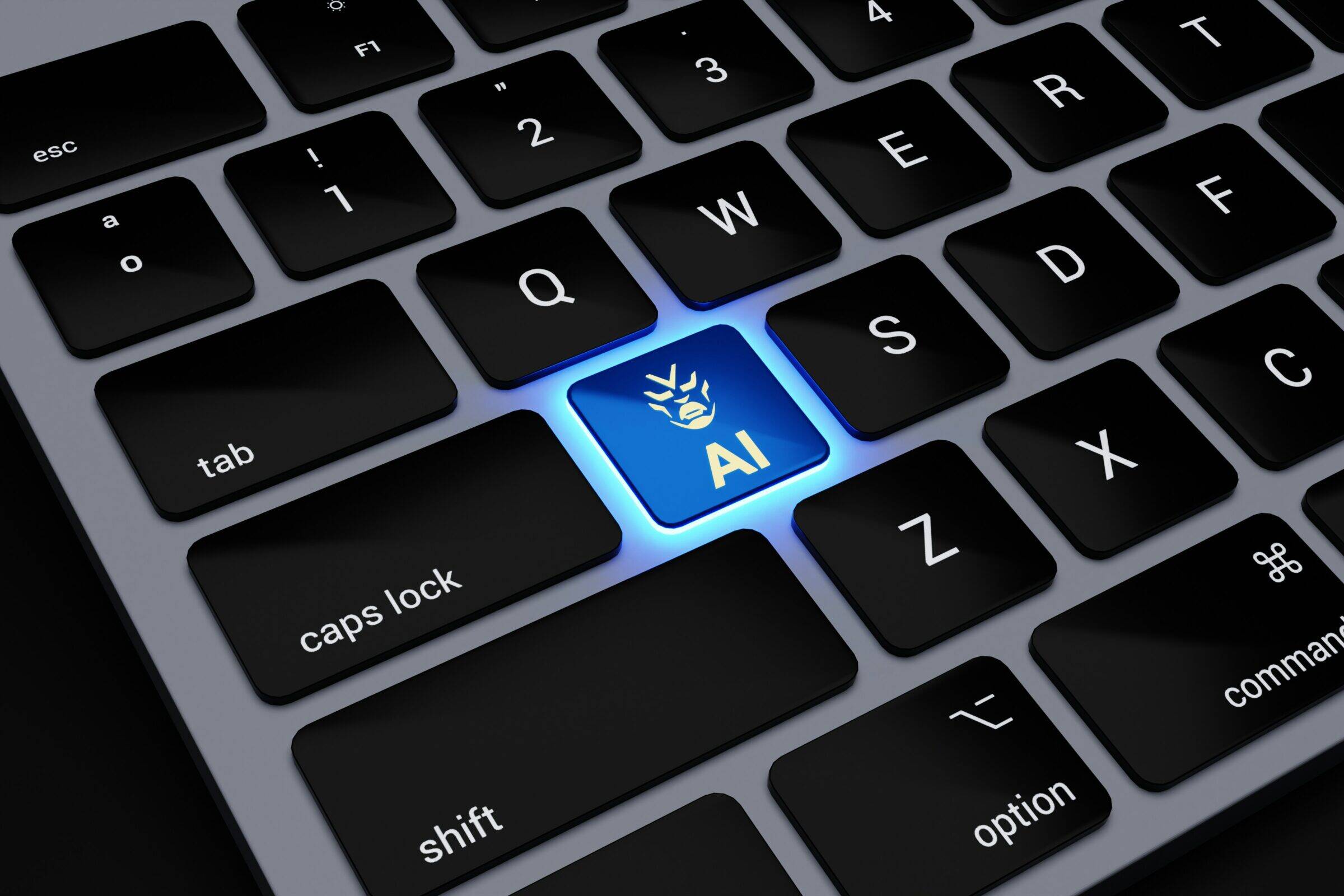 a computer keyboard with a blue light on it